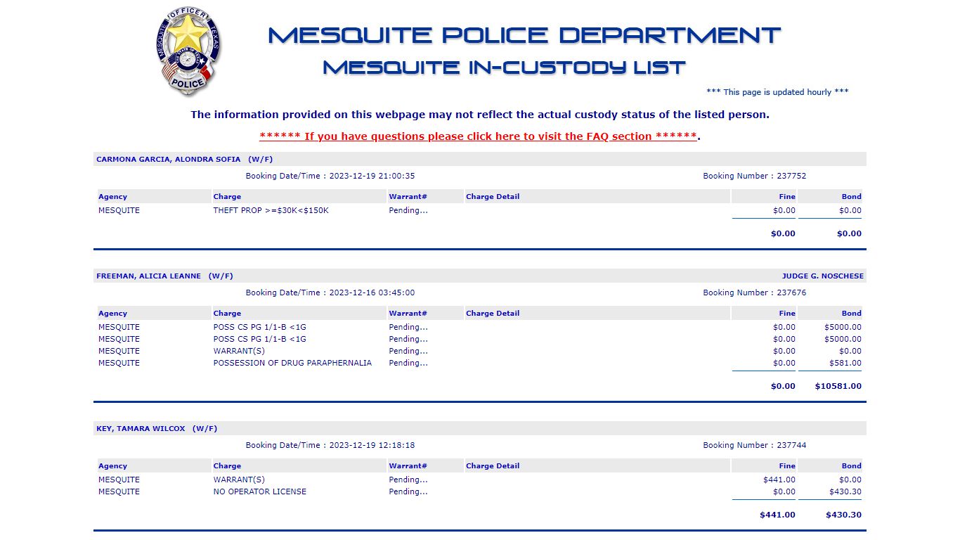 Jail List - Mesquite Police Department